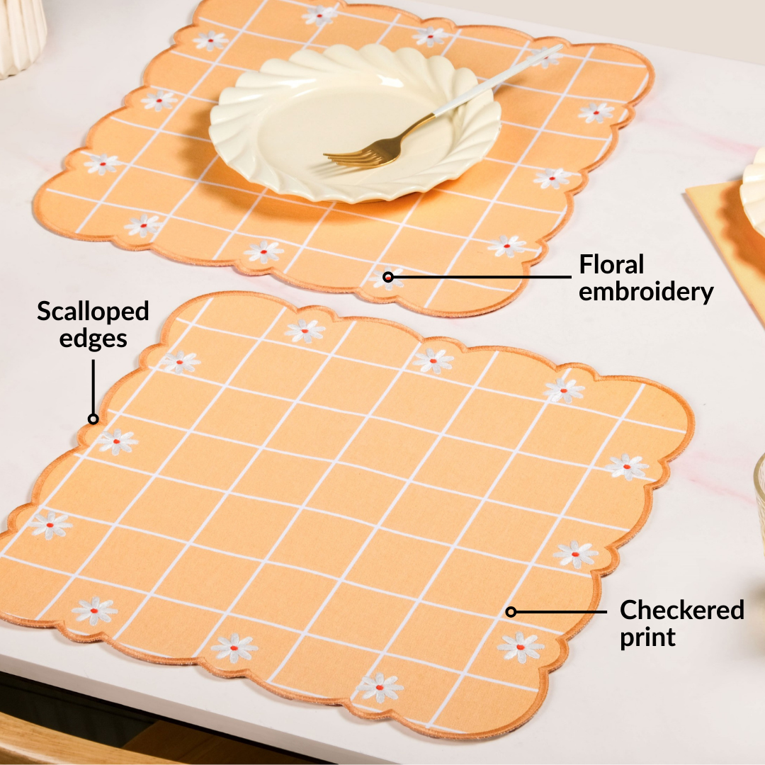 Daisy Cotton Embroidered Scallop Table Mat Set Of 6 Nestasia