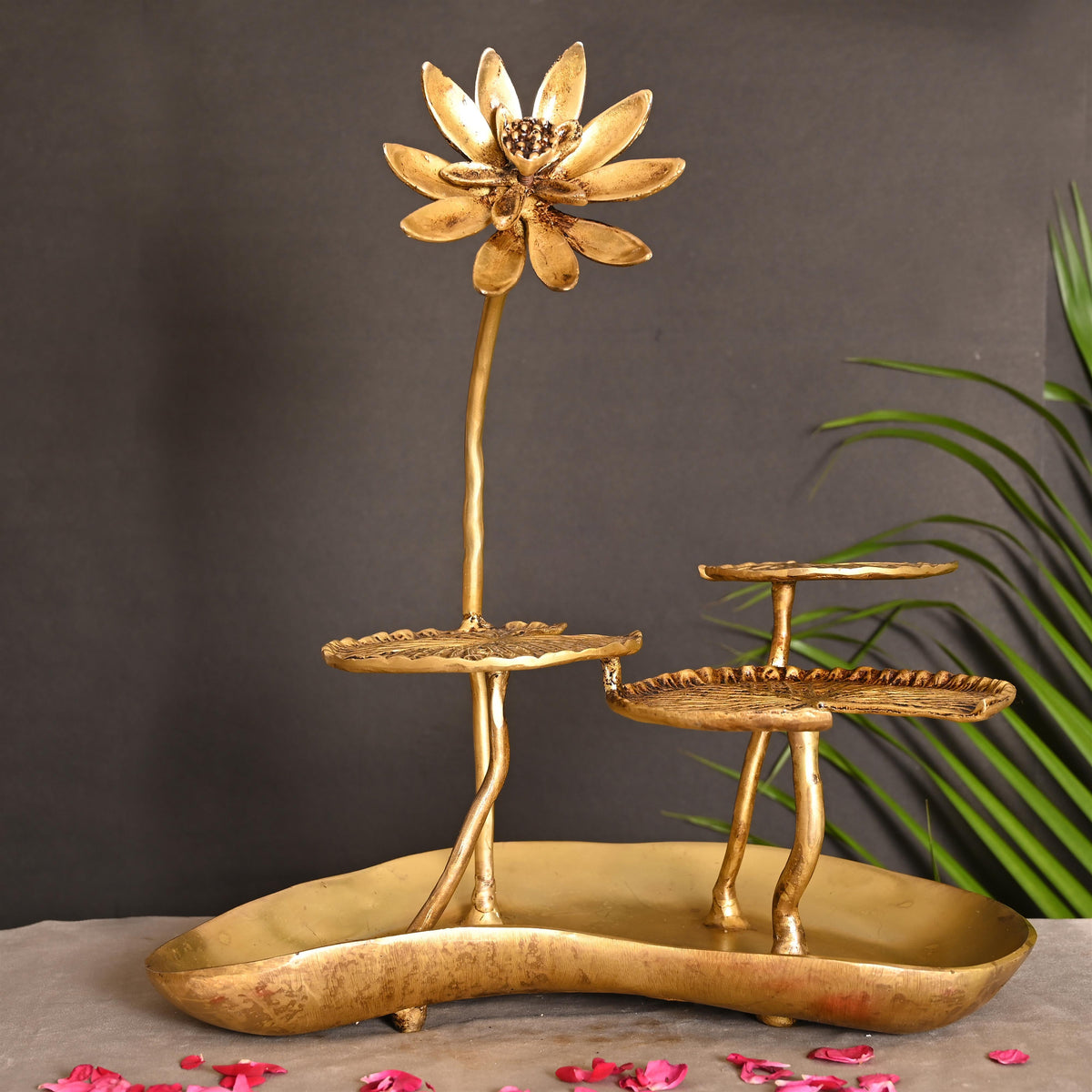Brass Decorative Tray With Lotus Leaves (15.5 Inch) Vedansh Craft