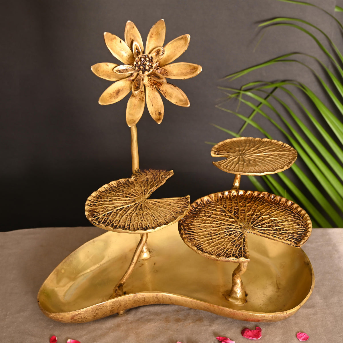 Brass Decorative Tray With Lotus Leaves (15.5 Inch) Vedansh Craft