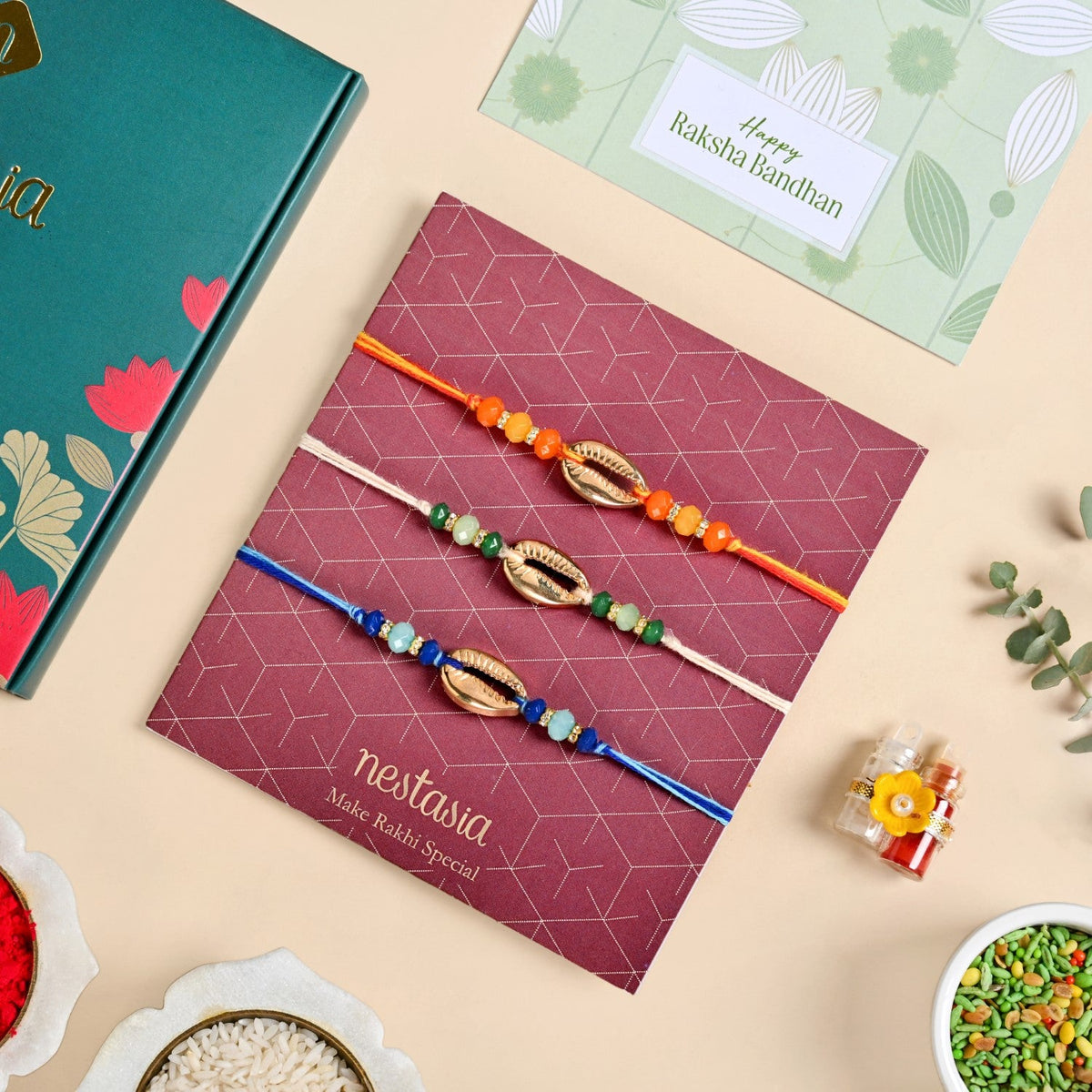 Trio Shell Charm Rakhi Gift Set Nestasia