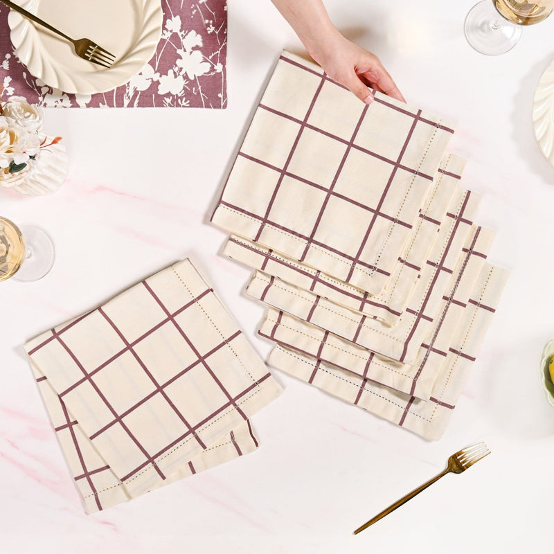 Mauve Grid Pure Cotton Table Napkin Set Of 6 Nestasia