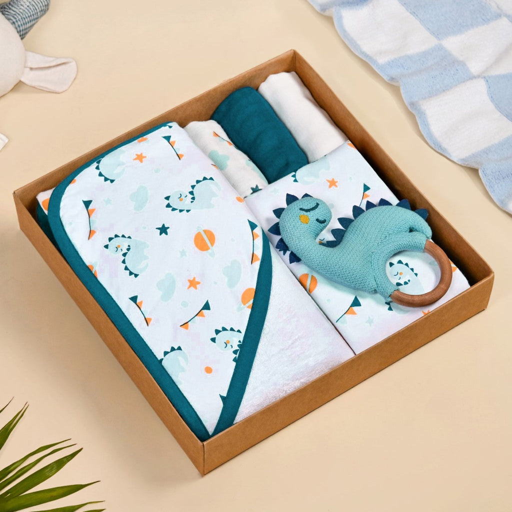 Baby Dino Gift Hamper With Towel Swaddle Napkin Rattle Set Of 6 Nestasia