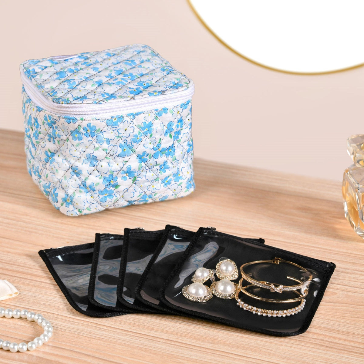 Floral Quilted Jewellery Storage Bag With Pouch Set Of 6 Blue Nestasia