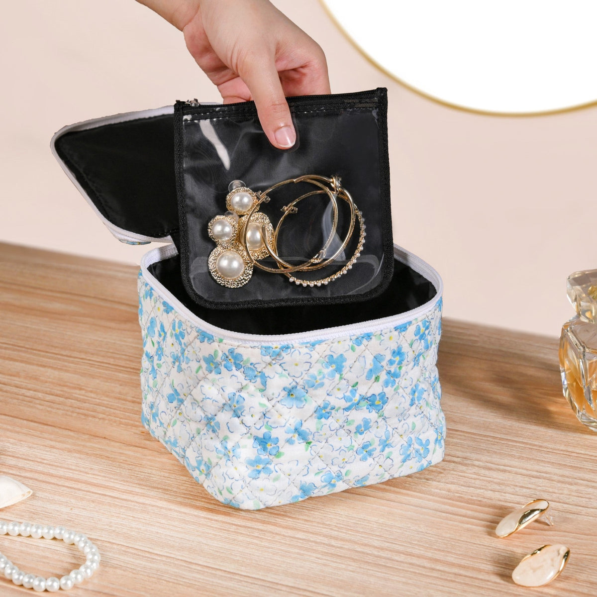 Floral Quilted Jewellery Storage Bag With Pouch Set Of 6 Blue Nestasia