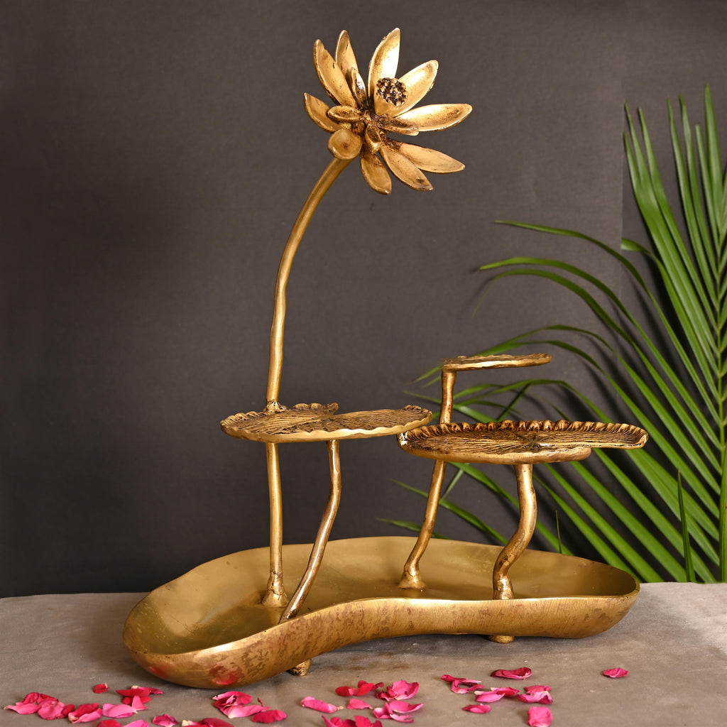 Brass Decorative Tray With Lotus Leaves (15.5 Inch) Vedansh Craft