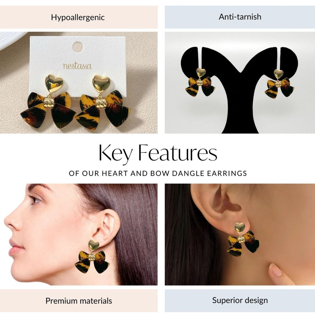 Heart And Bow Dangle Earrings Nestasia