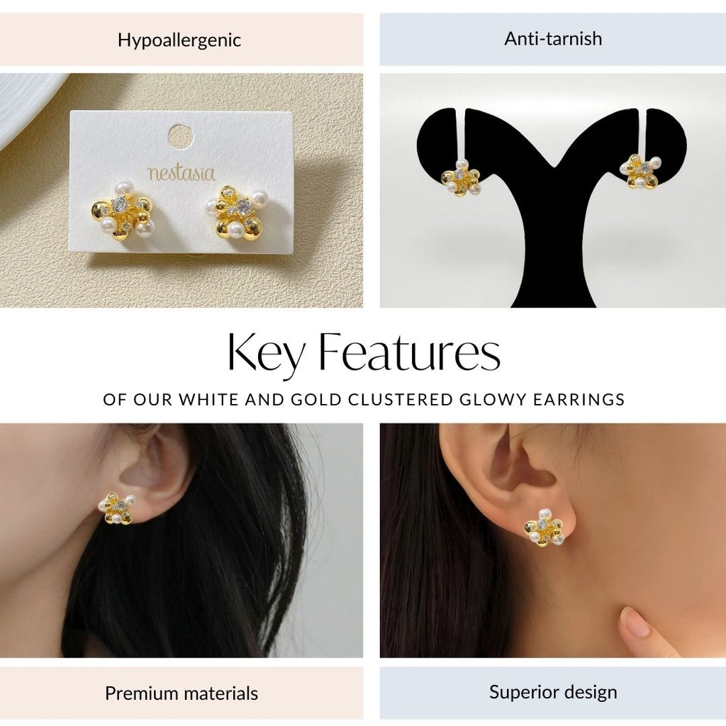White And Gold Clustered Glowy Earrings Nestasia