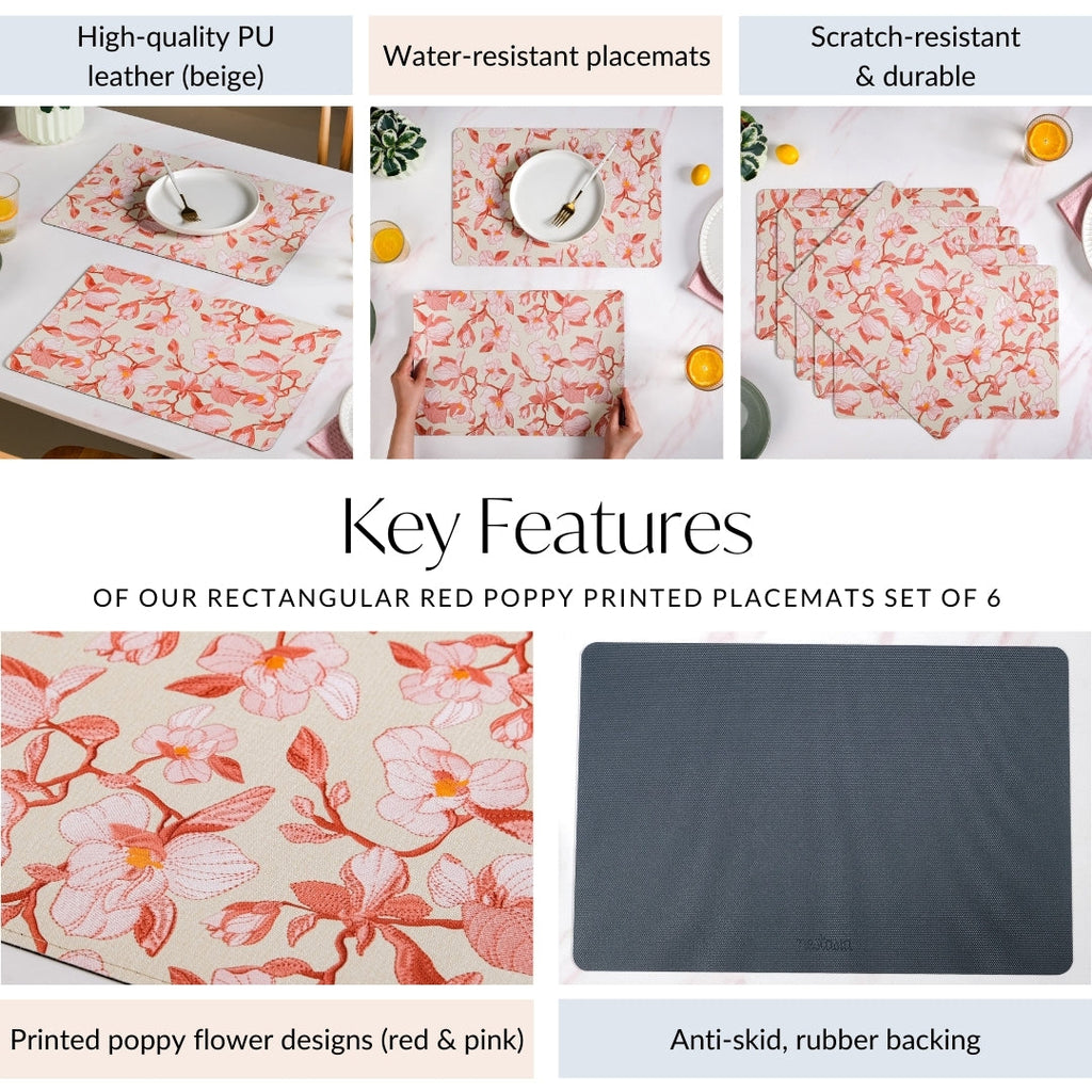 Rectangular Red Poppy Printed Placemats Set Of 6 Nestasia