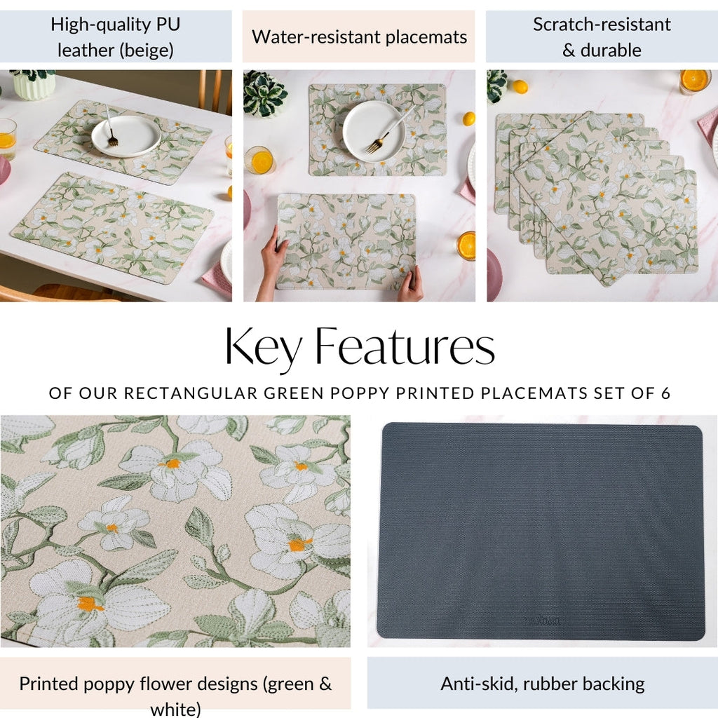 Rectangular Green Poppy Printed Placemats Set Of 6 Nestasia
