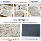Rectangular Green Poppy Printed Placemats Set Of 6 Nestasia