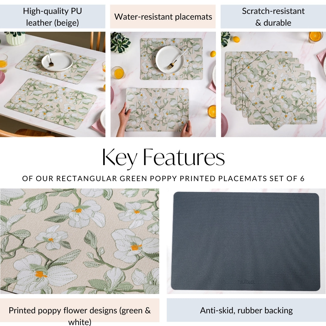 Rectangular Green Poppy Printed Placemats Set Of 6 Nestasia