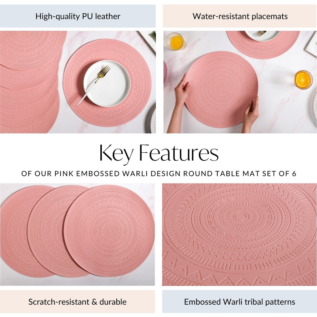 Pink Embossed Warli Design Round Table Mat Set Of 6 Nestasia