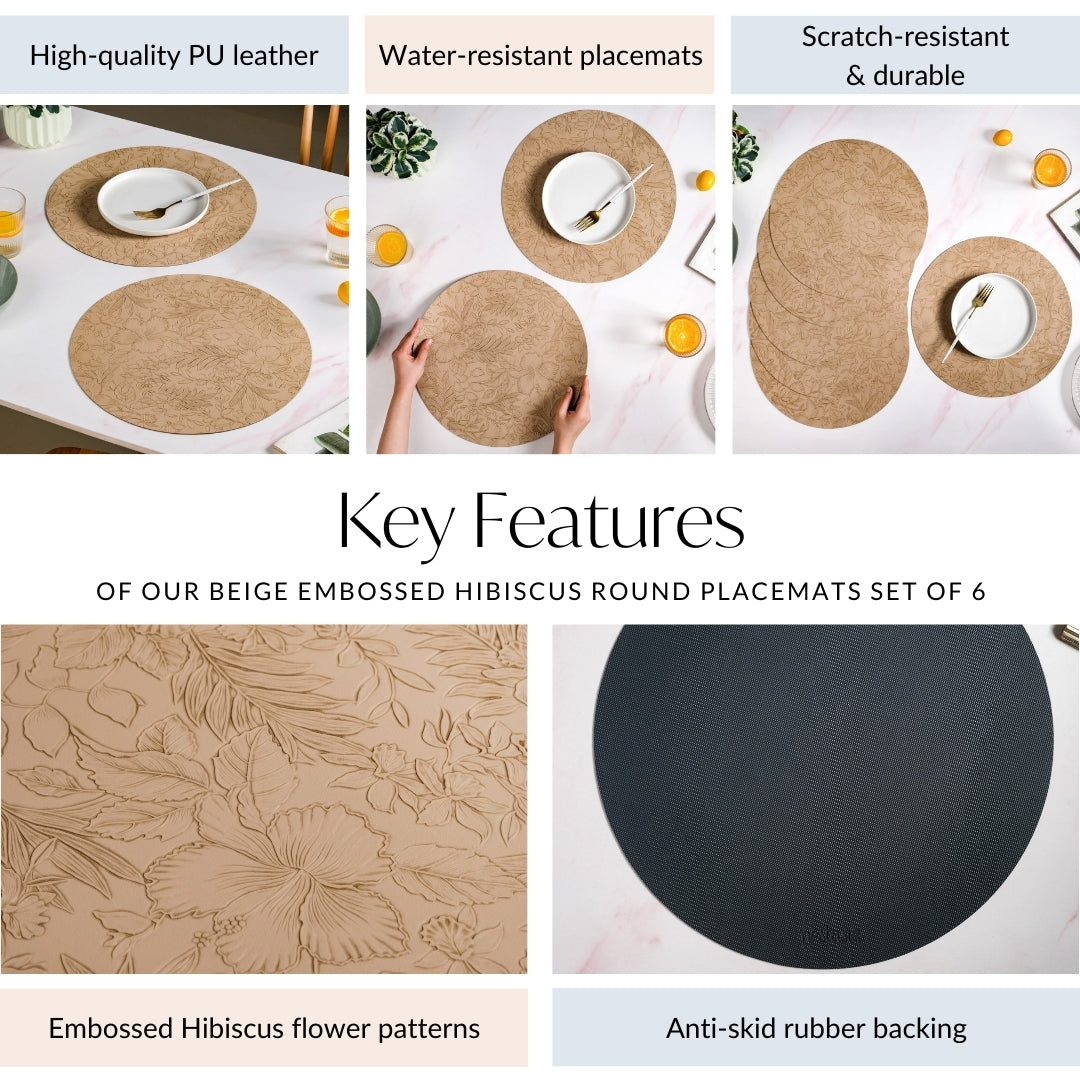Beige Embossed Hibiscus Round Placemats Set Of 6 Nestasia