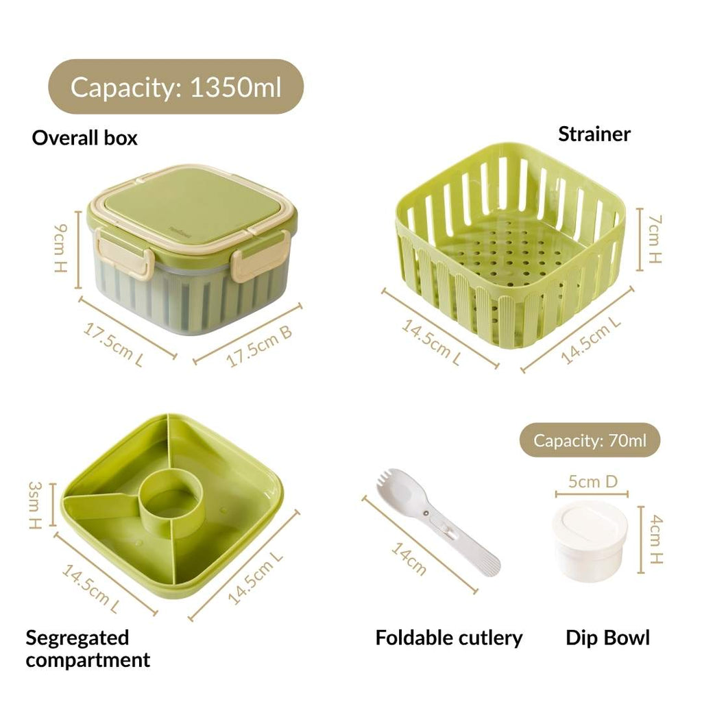 Crispo Salad Box With Dressing Cup And Spoon Green 1350ml Nestasia