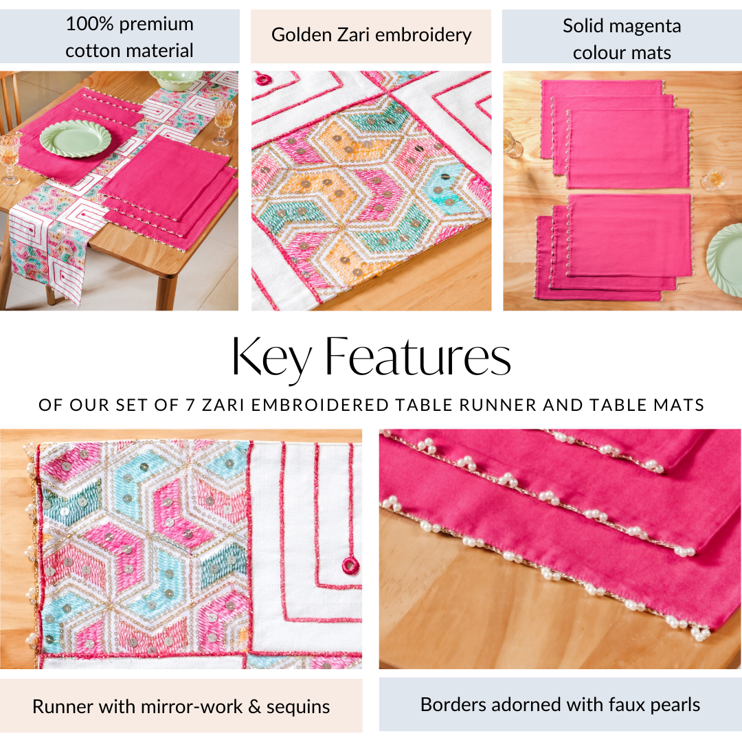 Set Of 7 Embroidered Vibrant Table Mats And Runner Set Nestasia
