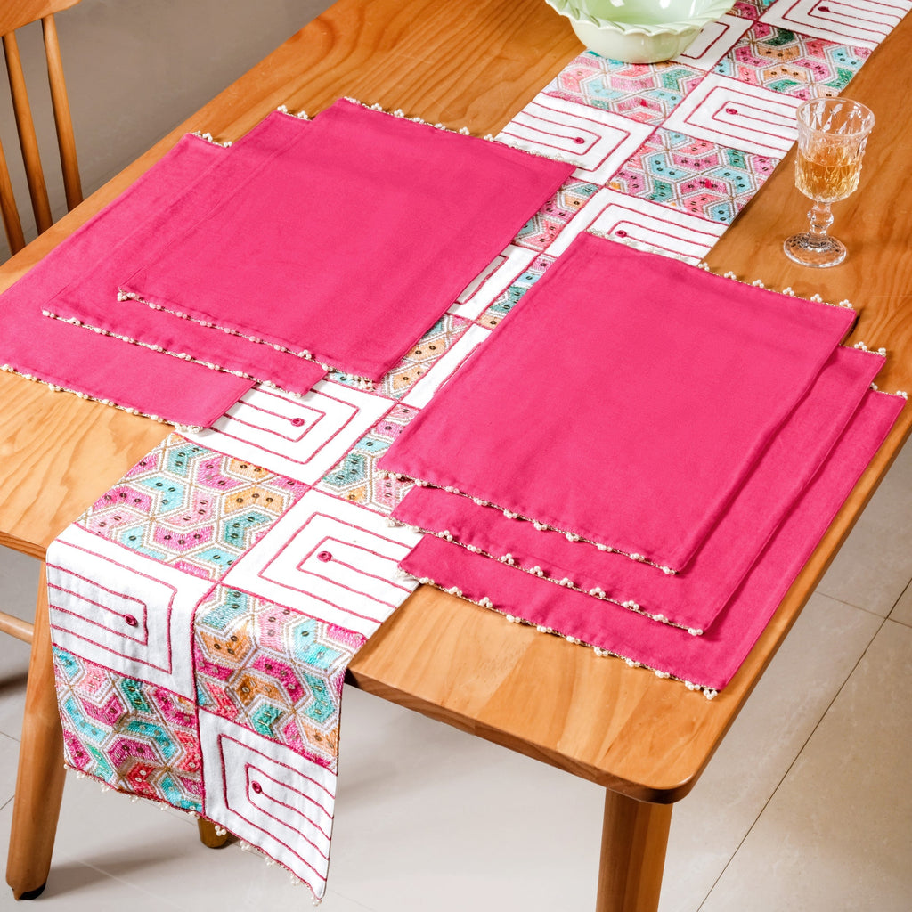Set Of 7 Embroidered Vibrant Table Mats And Runner Set Nestasia