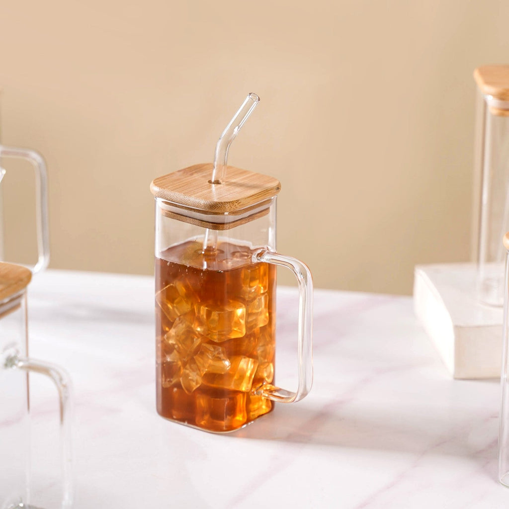 Tall Square Glass Sipper Set Of 4 With Glass Straw 400ml Nestasia