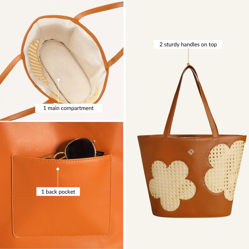 Tan Rattan Tote Bag With Back Pocket Nestasia