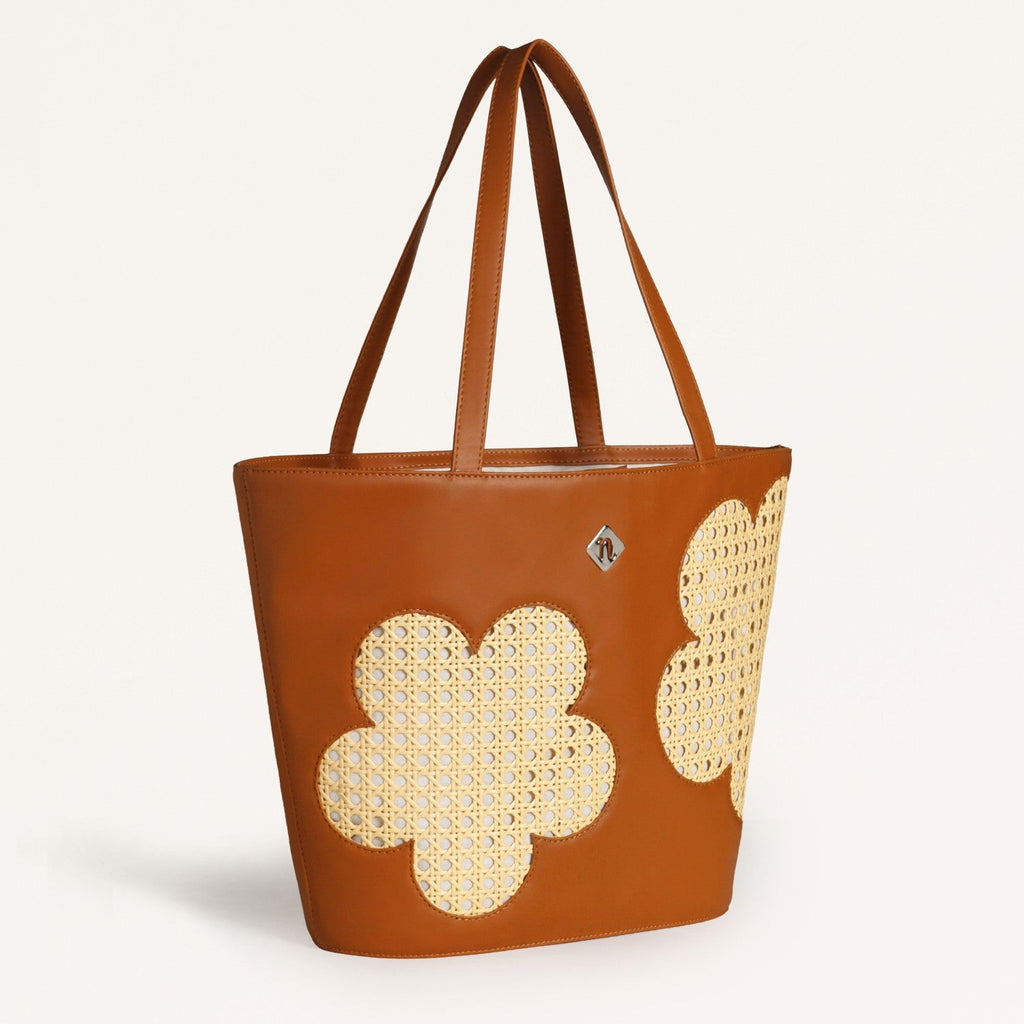 Tan Rattan Tote Bag With Back Pocket Nestasia