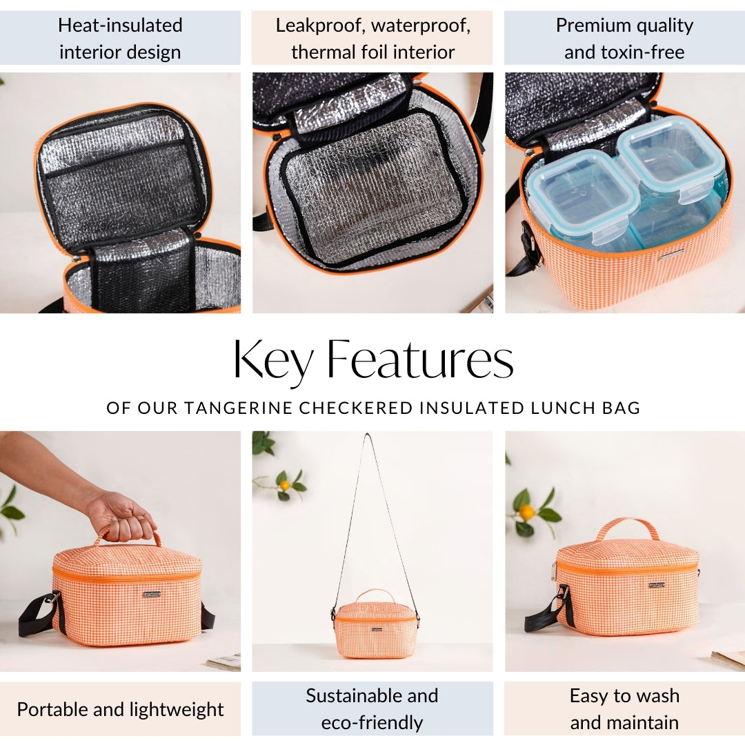 Tangerine Checkered Insulated Lunch Bag Nestasia