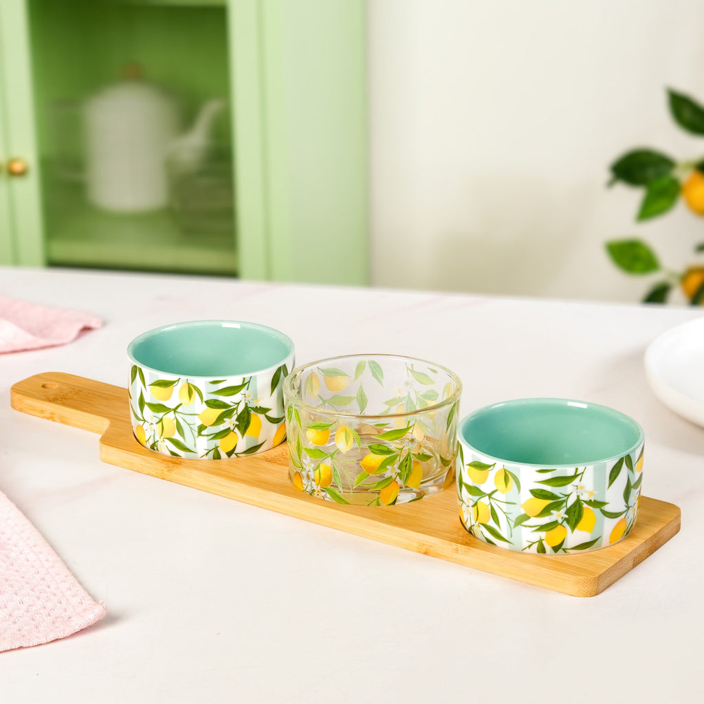 Amalfi Lemon Bowls With Bamboo Tray Set Of 4 Nestasia