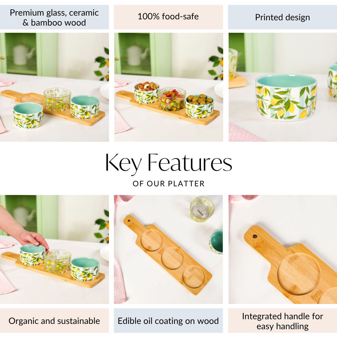 Amalfi Lemon Bowls With Bamboo Tray Set Of 4 Nestasia