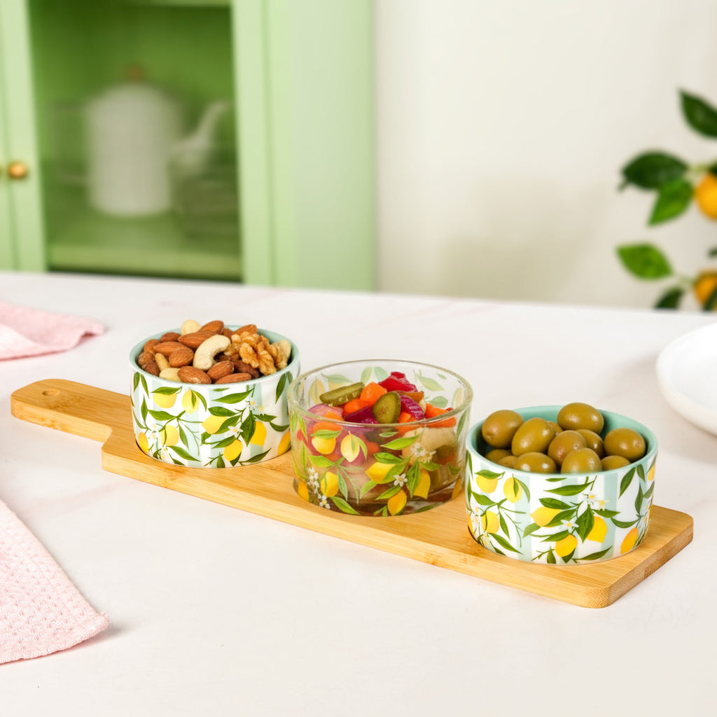 Amalfi Lemon Bowls With Bamboo Tray Set Of 4 Nestasia