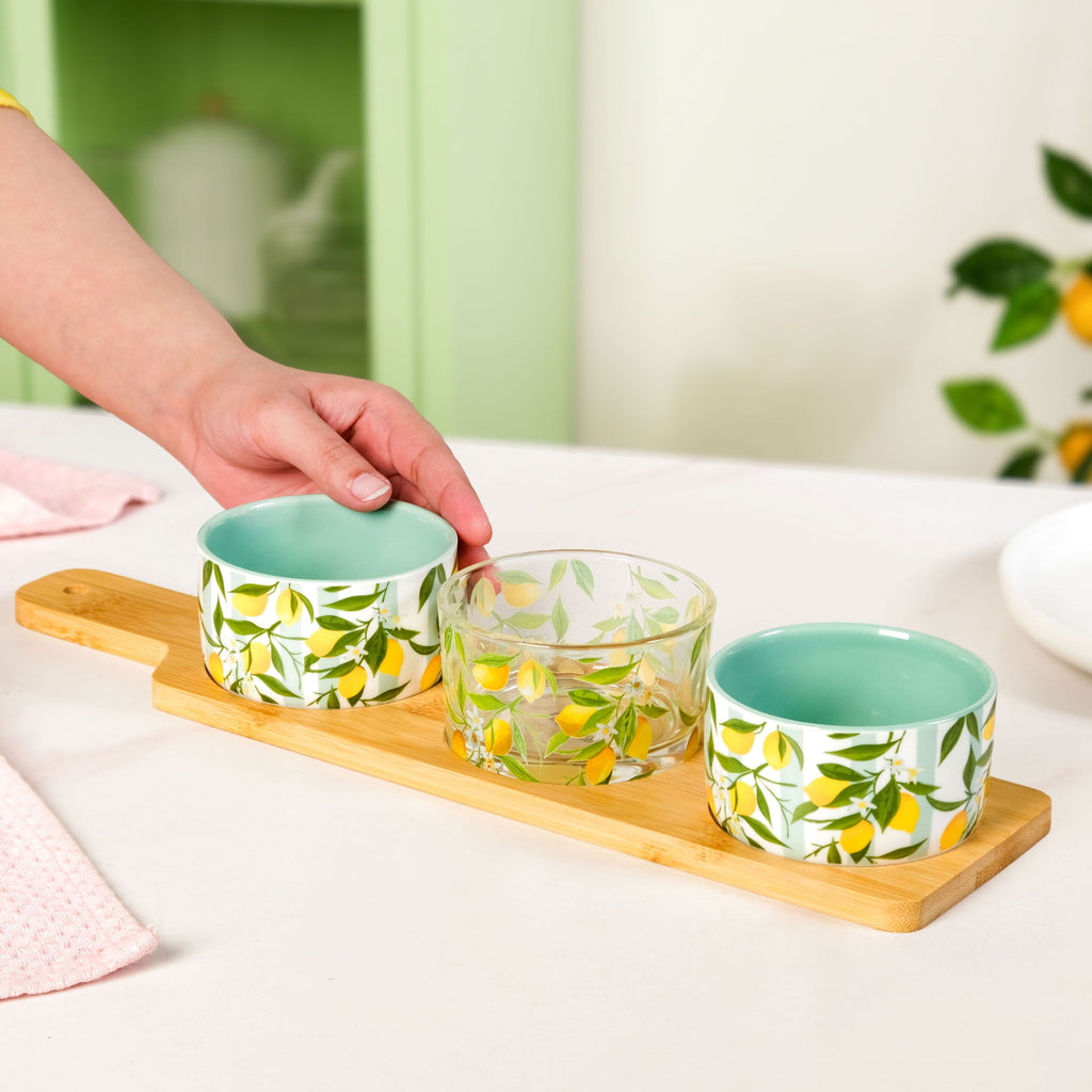 Amalfi Lemon Bowls With Bamboo Tray Set Of 4 Nestasia