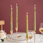 Taper Candles Sage Green With Gold Leaf Design Set Of 8 Nestasia