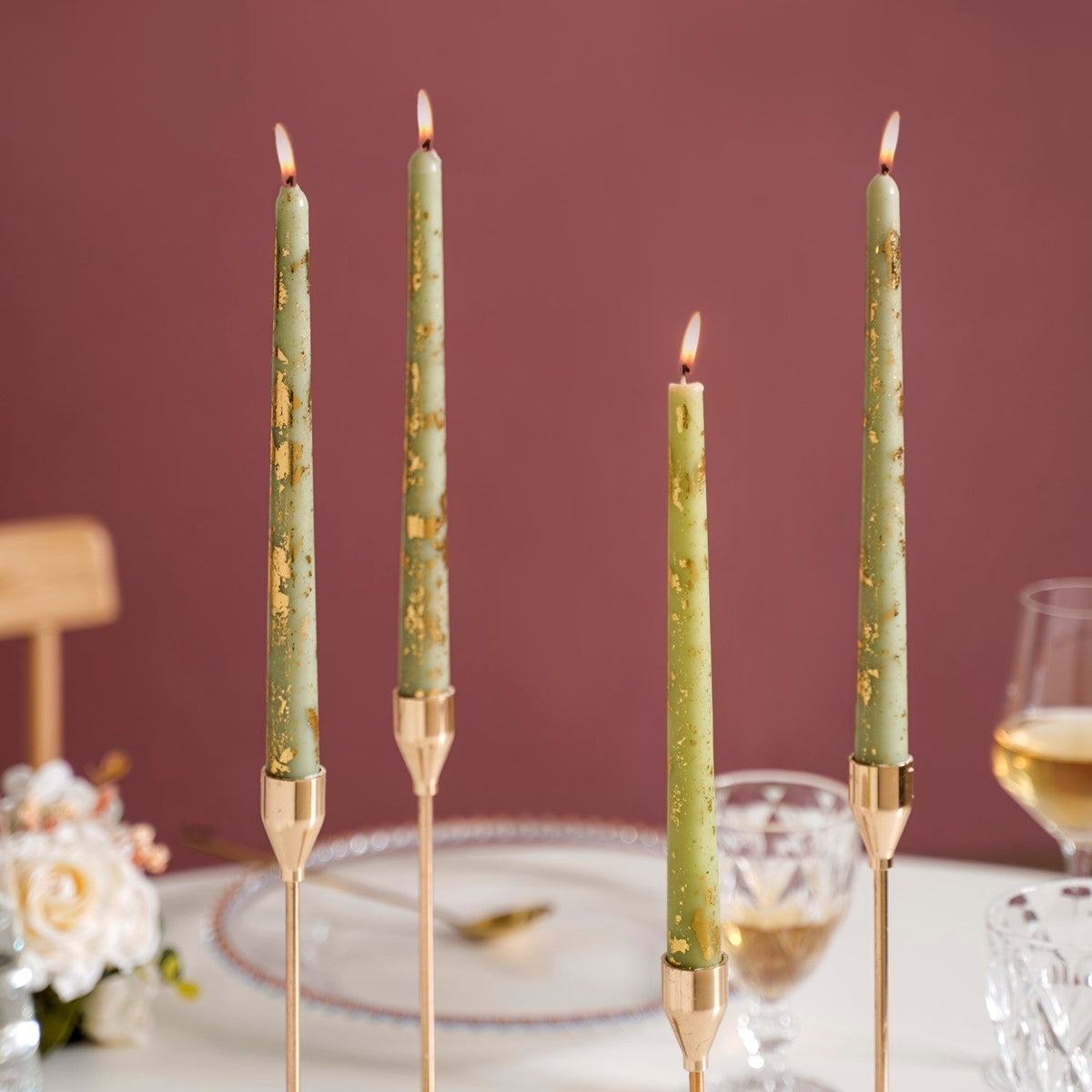 Taper Candles Sage Green With Gold Leaf Design Set Of 8 Nestasia