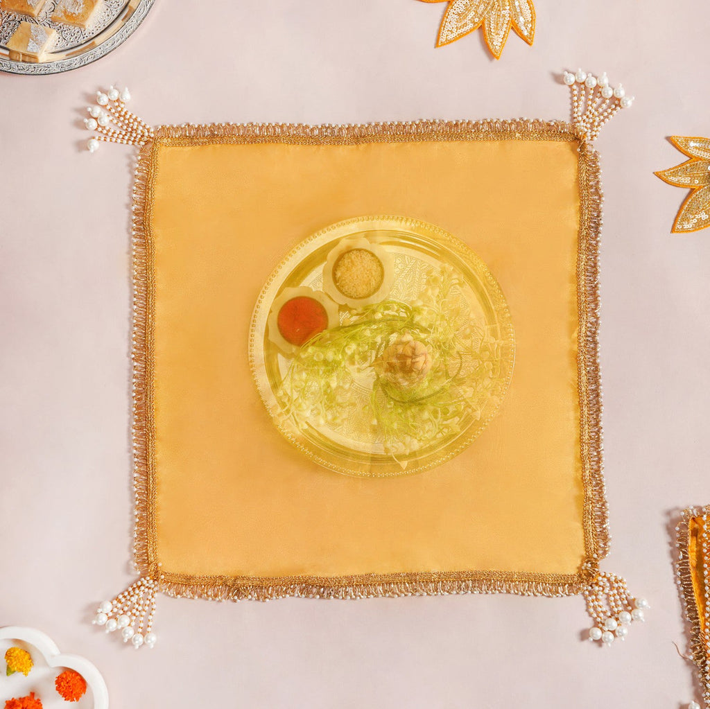 Tasselled Organza Thali Cover Yellow Set Of 2 Nestasia