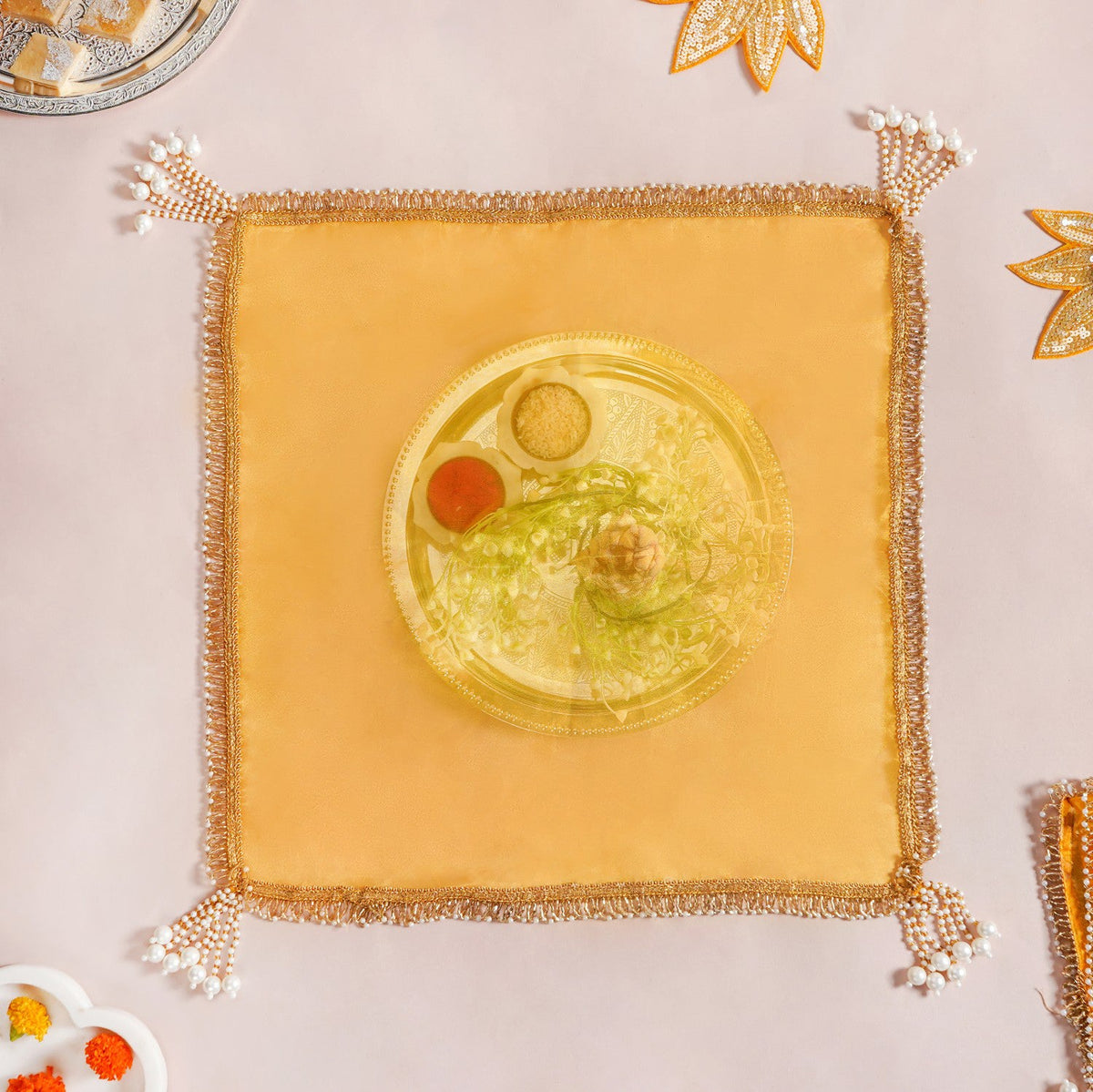 Tasselled Organza Thali Cover Yellow Set Of 2 Nestasia