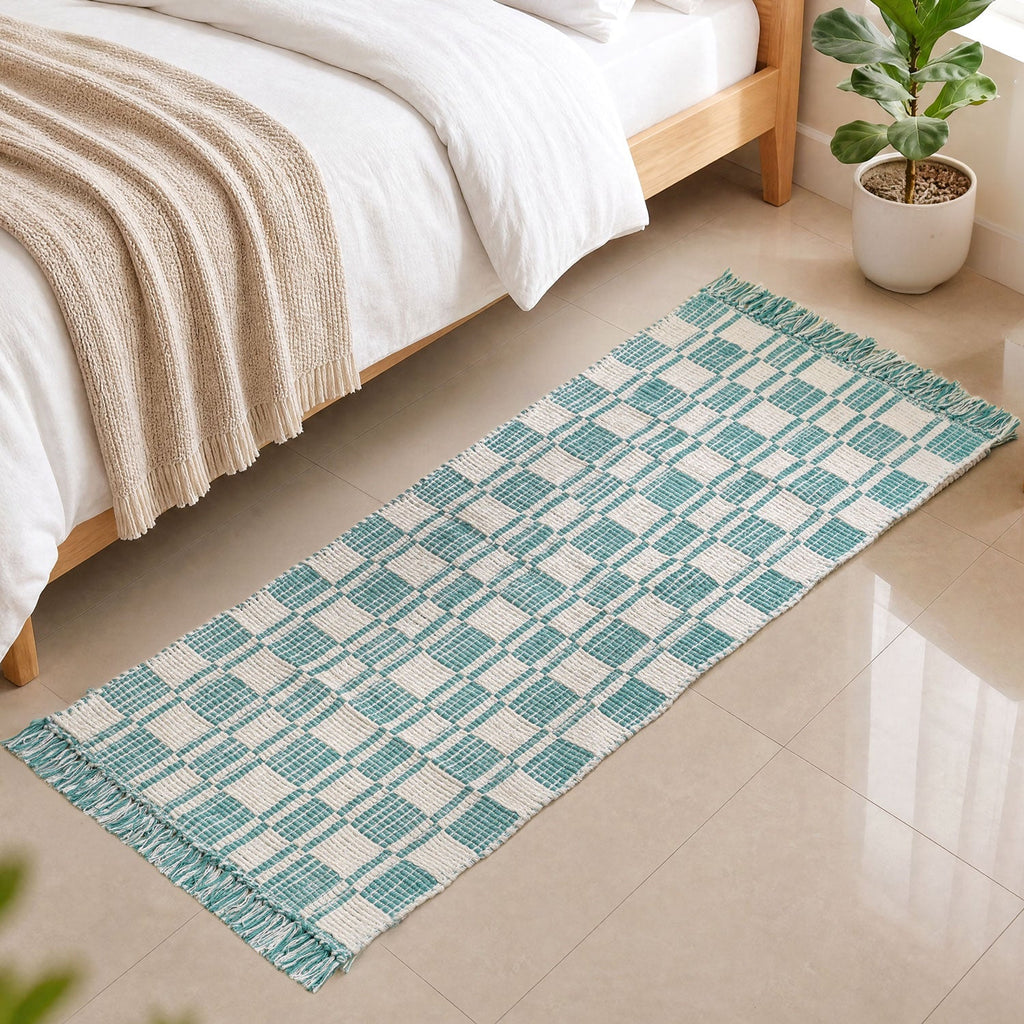 Teal Tide Fringe Cotton Floor Runner 130x50cm Nestasia