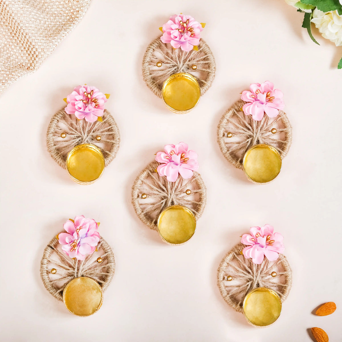 Natural Jute Tealight Holder Set Of 6 Pink Nestasia