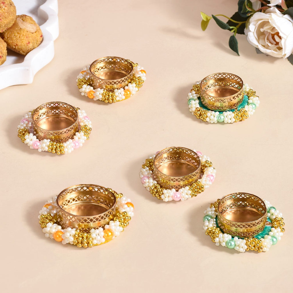 Set Of 6 Beaded Festive Tea Light Holders Nestasia