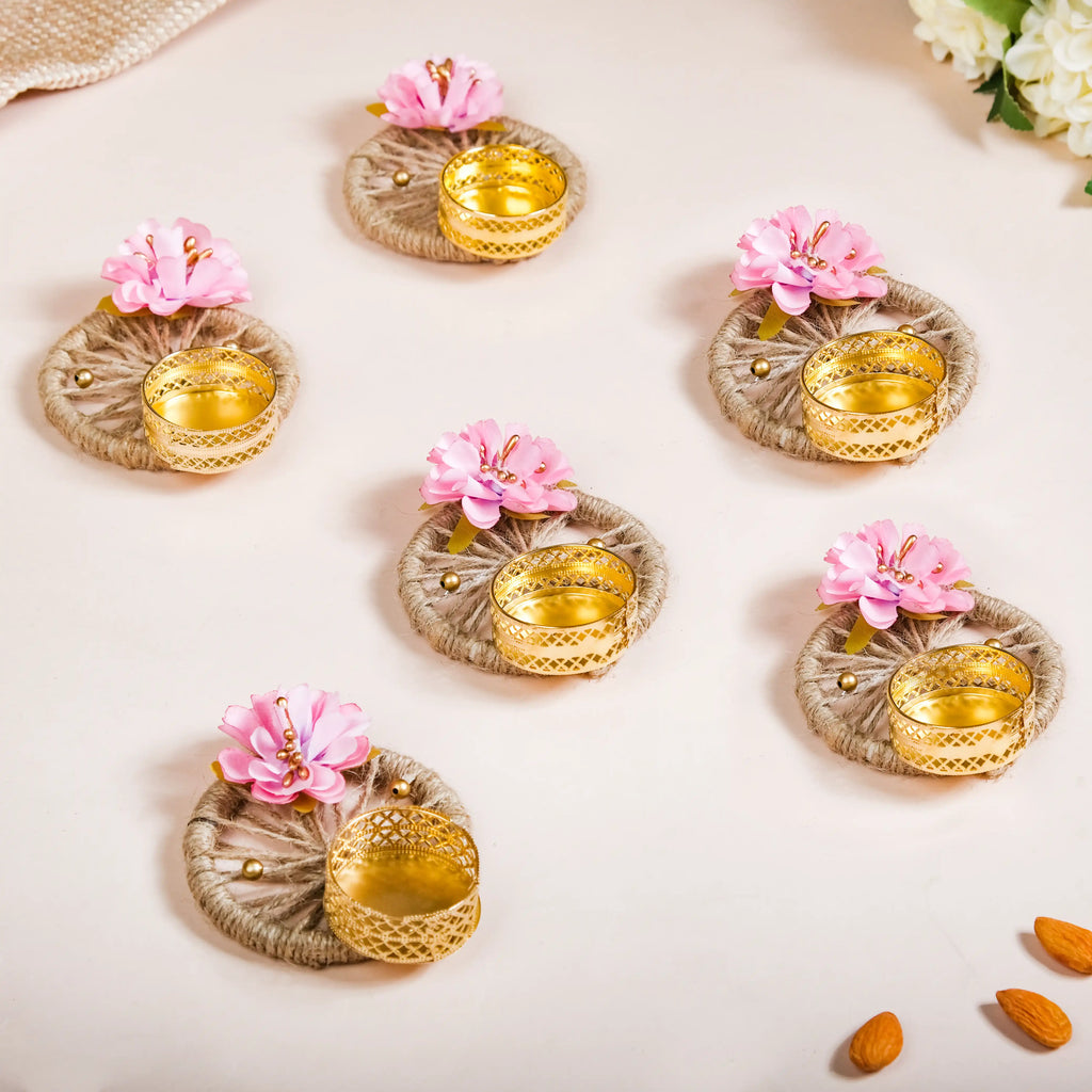 Natural Jute Tealight Holder Set Of 6 Pink Nestasia