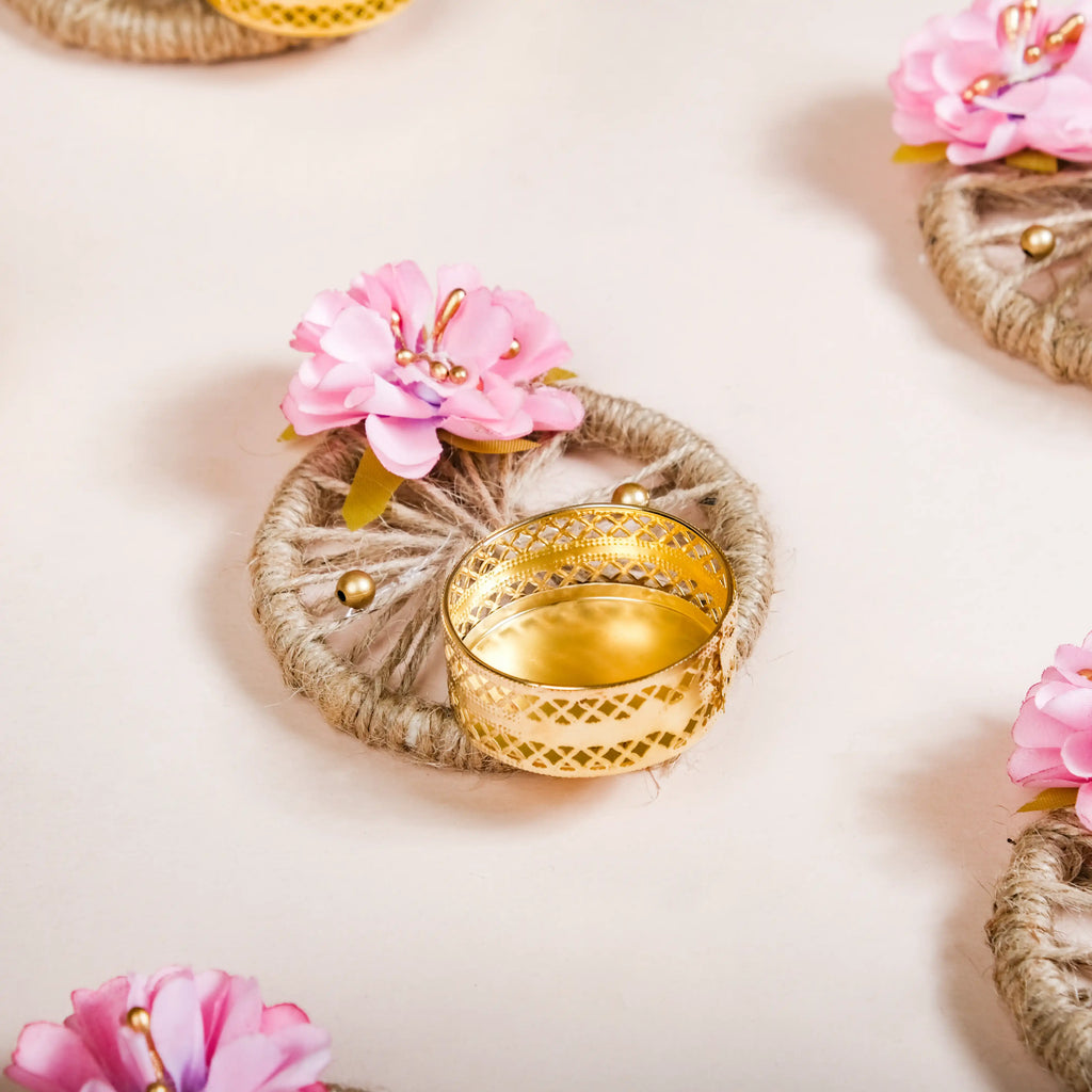 Natural Jute Tealight Holder Set Of 6 Pink Nestasia