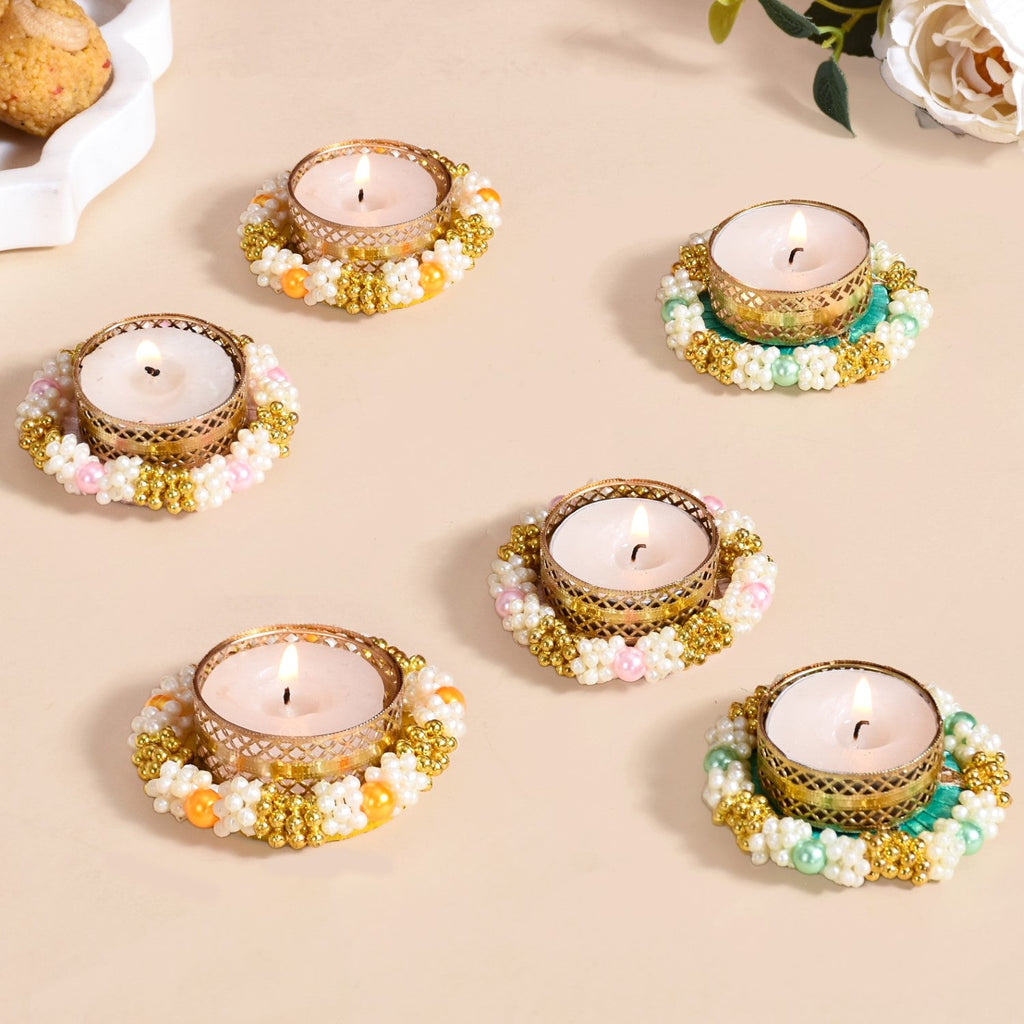 Set Of 6 Beaded Festive Tea Light Holders Nestasia