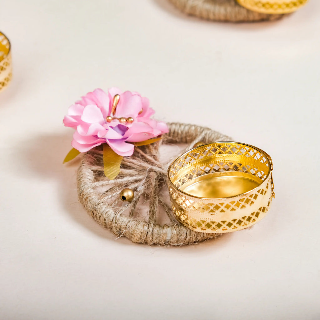 Natural Jute Tealight Holder Set Of 6 Pink Nestasia