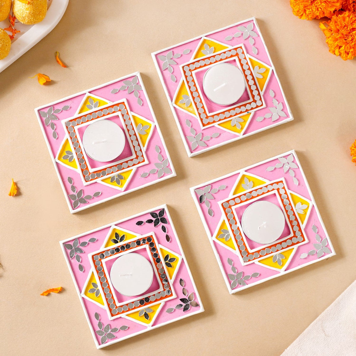 Handcrafted Mirror Work Lippan Art Tealight Candle Holder Set Of 4 Nestasia