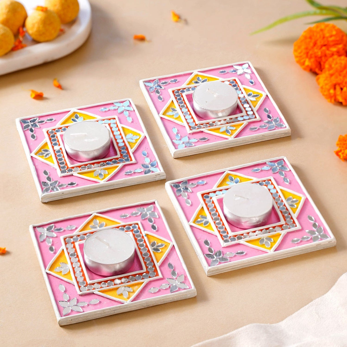 Handcrafted Mirror Work Lippan Art Tealight Candle Holder Set Of 4 Nestasia