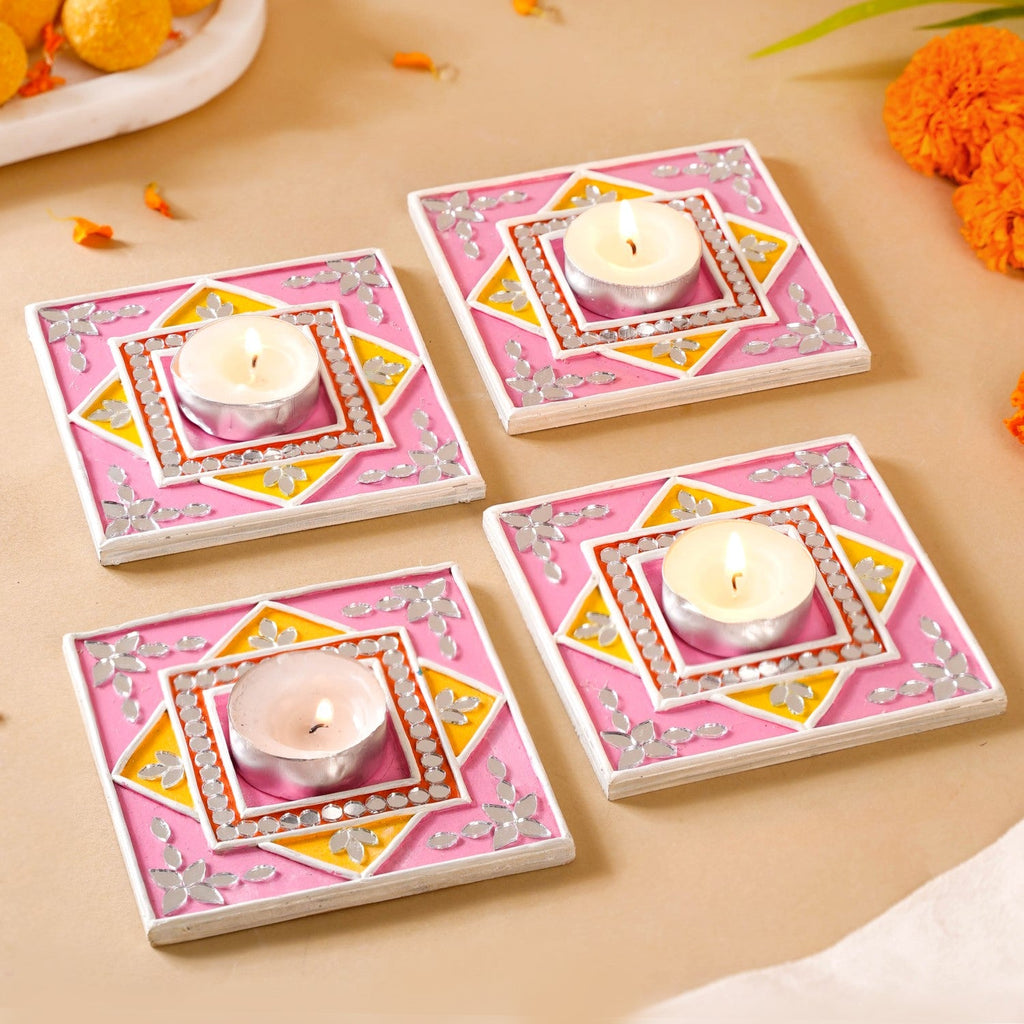 Handcrafted Mirror Work Lippan Art Tealight Candle Holder Set Of 4 Nestasia