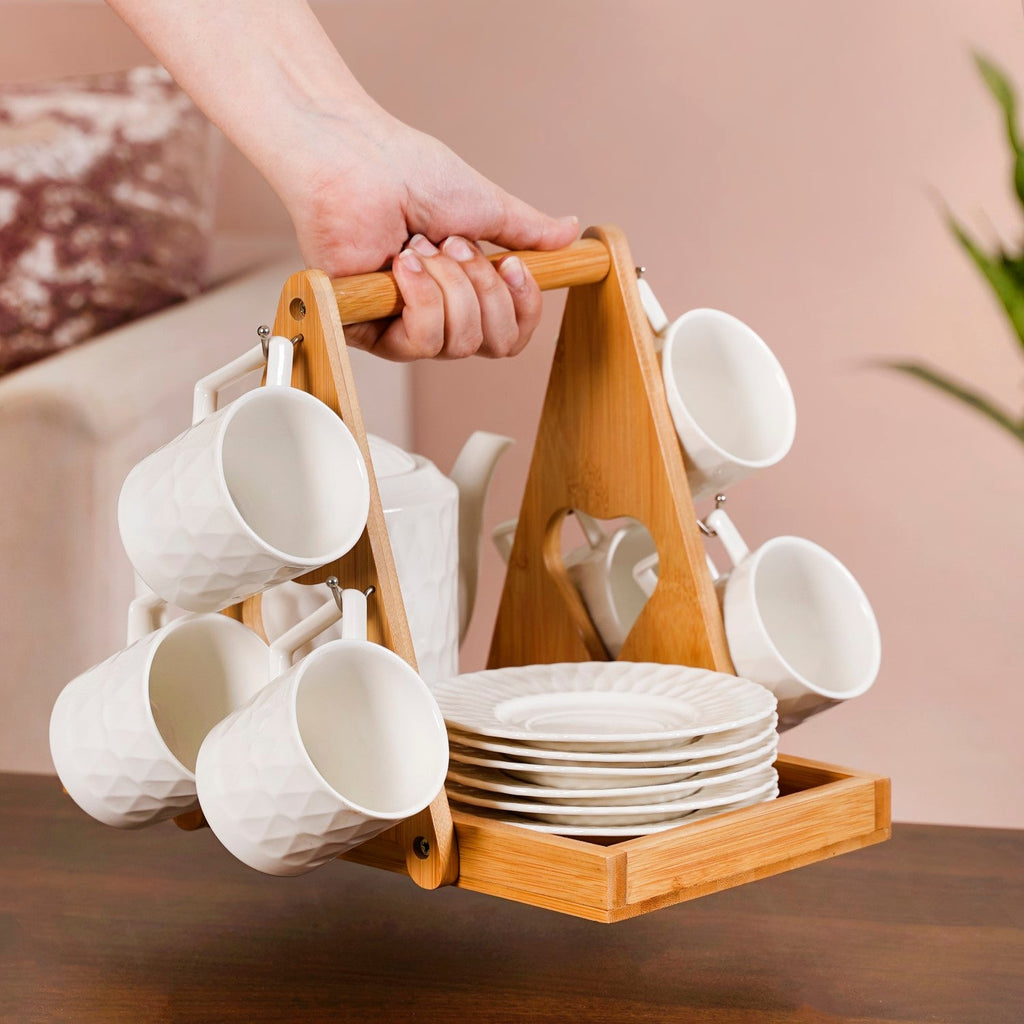 Teardrop Textured Ceramic Tea Set For 6 With Stand Nestasia