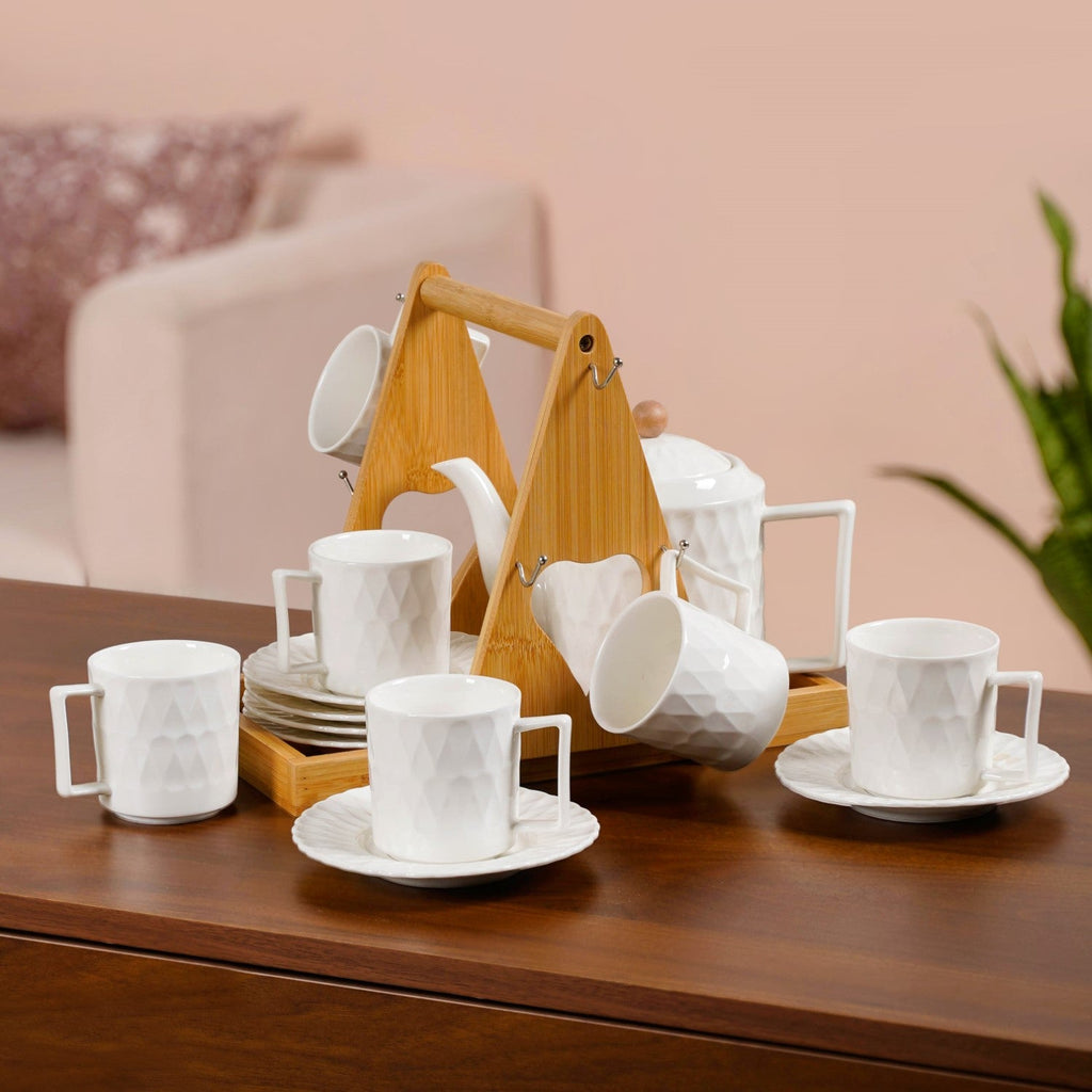 Teardrop Textured Ceramic Tea Set For 6 With Stand Nestasia