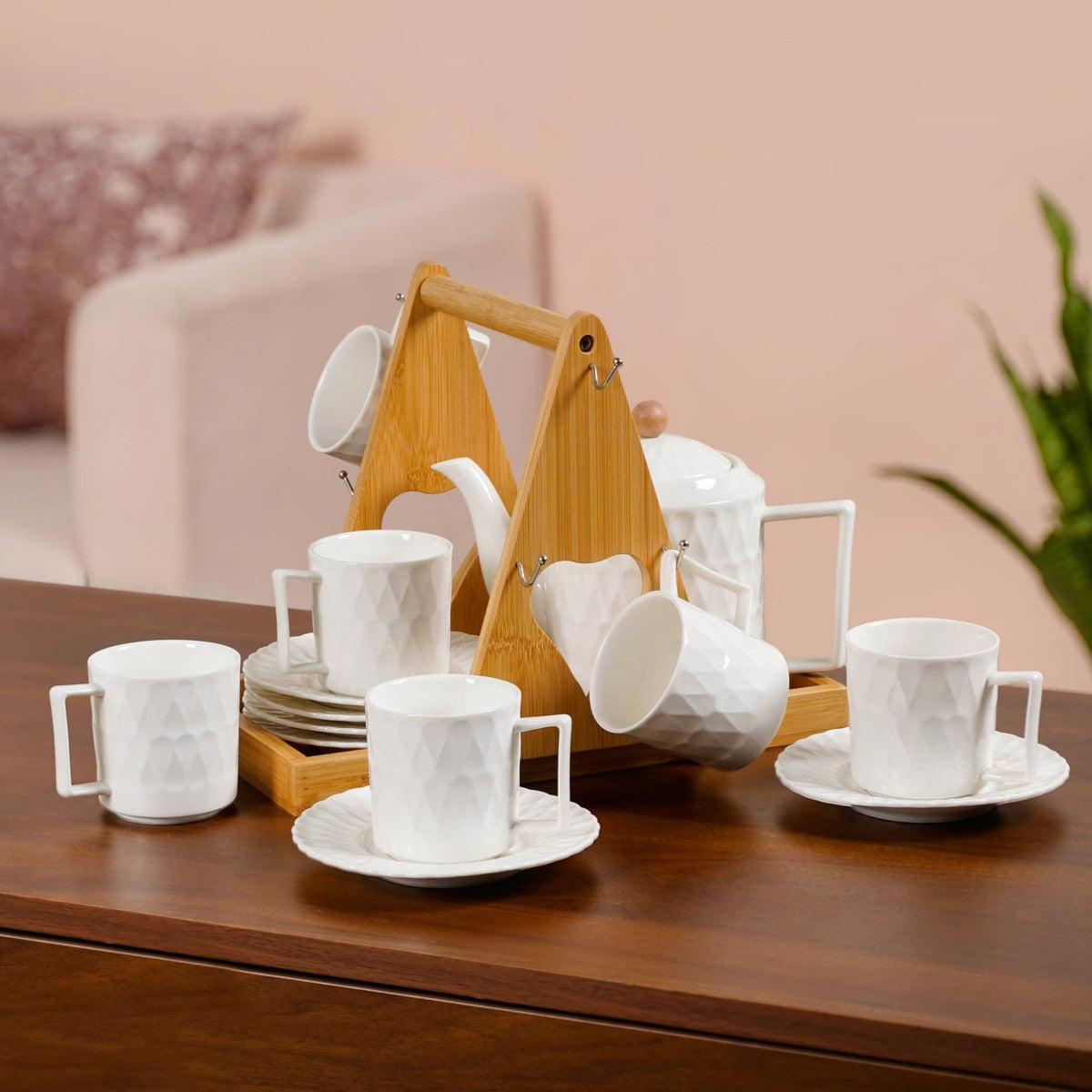 Teardrop Textured Ceramic Tea Set For 6 With Stand Nestasia