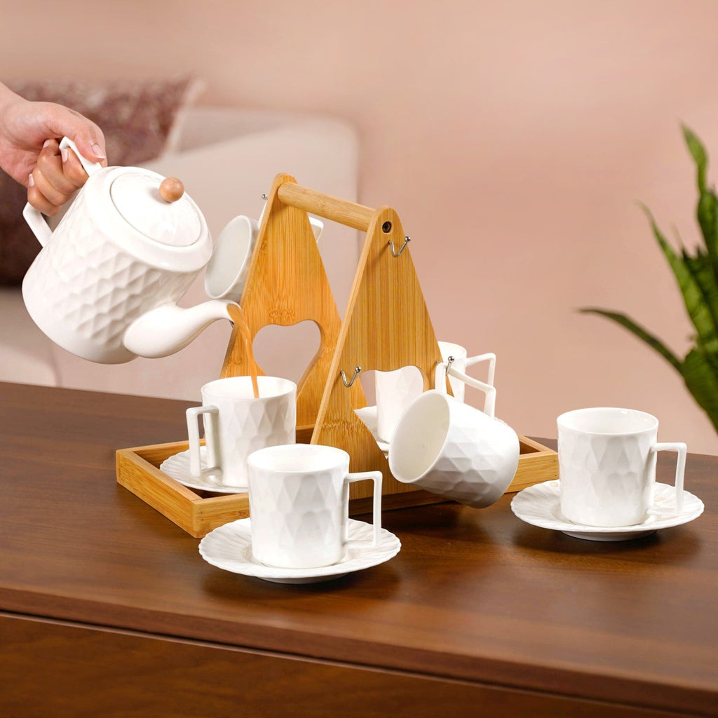 Teardrop Textured Ceramic Tea Set For 6 With Stand Nestasia