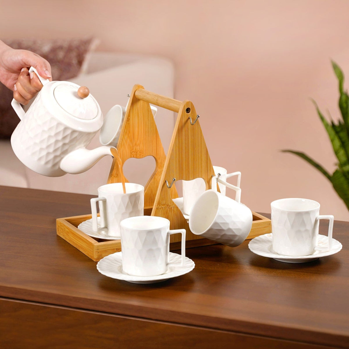 Teardrop Textured Ceramic Tea Set For 6 With Stand Nestasia