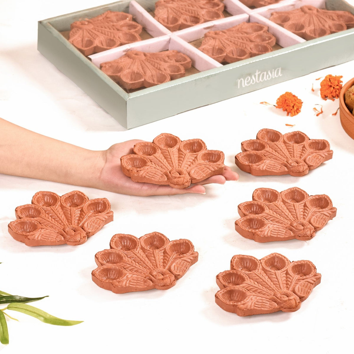 Peacock Feather Engraved Terracotta Diyas Set Of 24 Nestasia