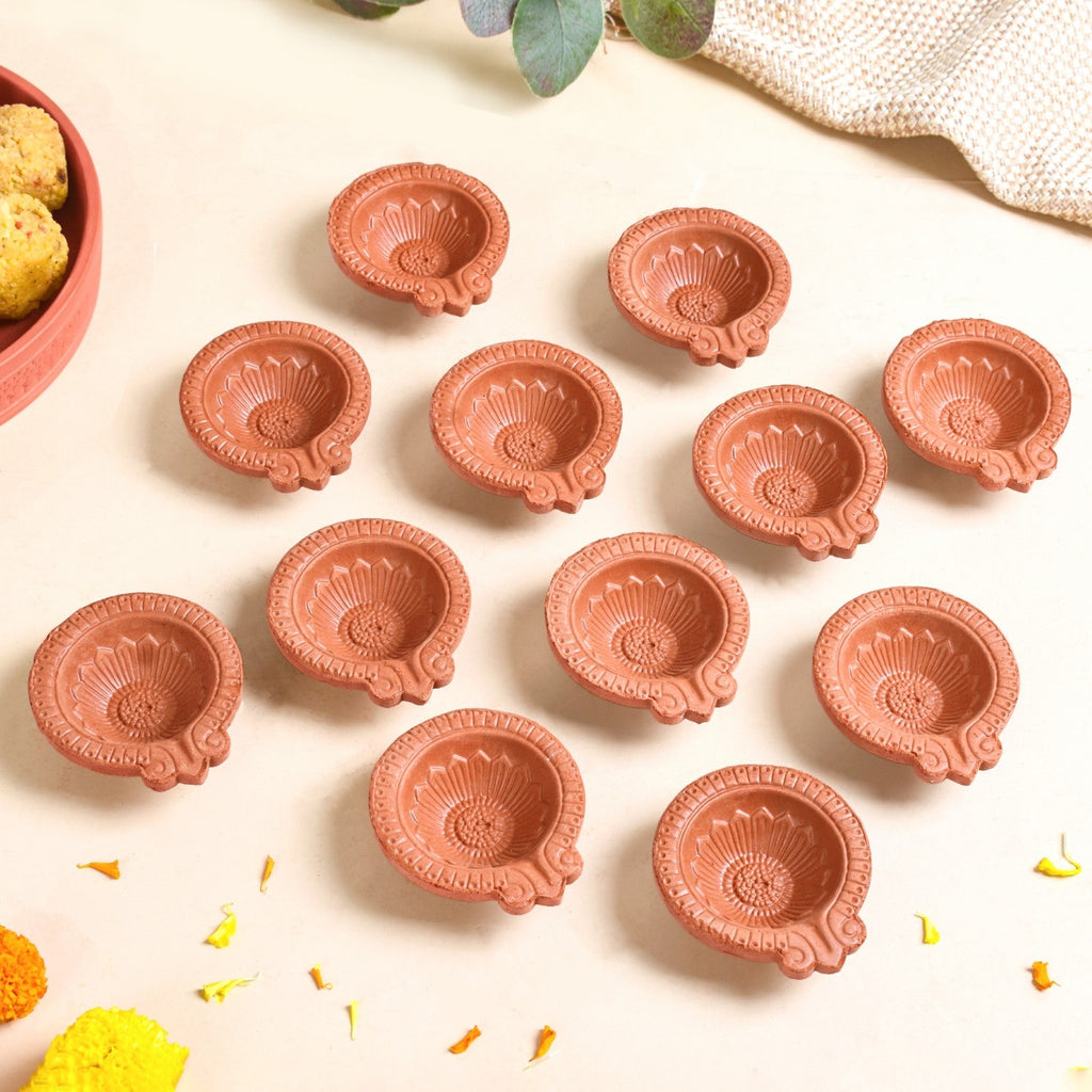 Sunflower Motif Pure Terracotta Clay Diyas Set Of 48 Nestasia