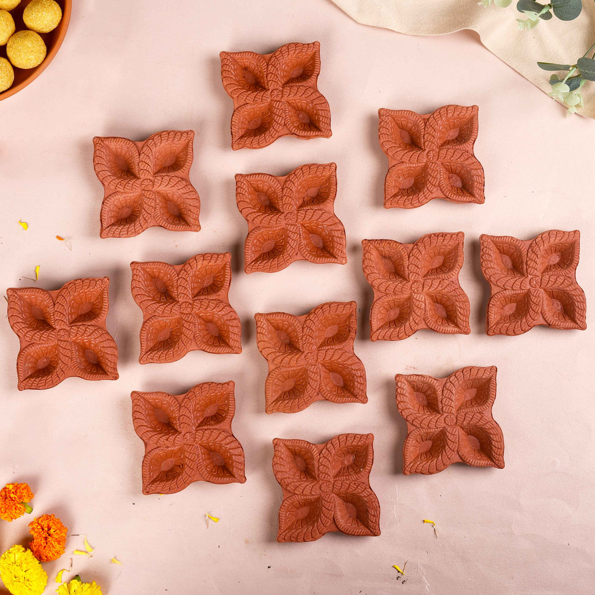 Flower Terracotta Diyas Set Of 48 Nestasia